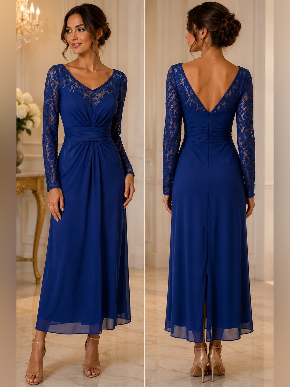 Dancing Queen Royal Blue Lace Sequin Sleeve Sheath Midi Gown Prom M NWOT